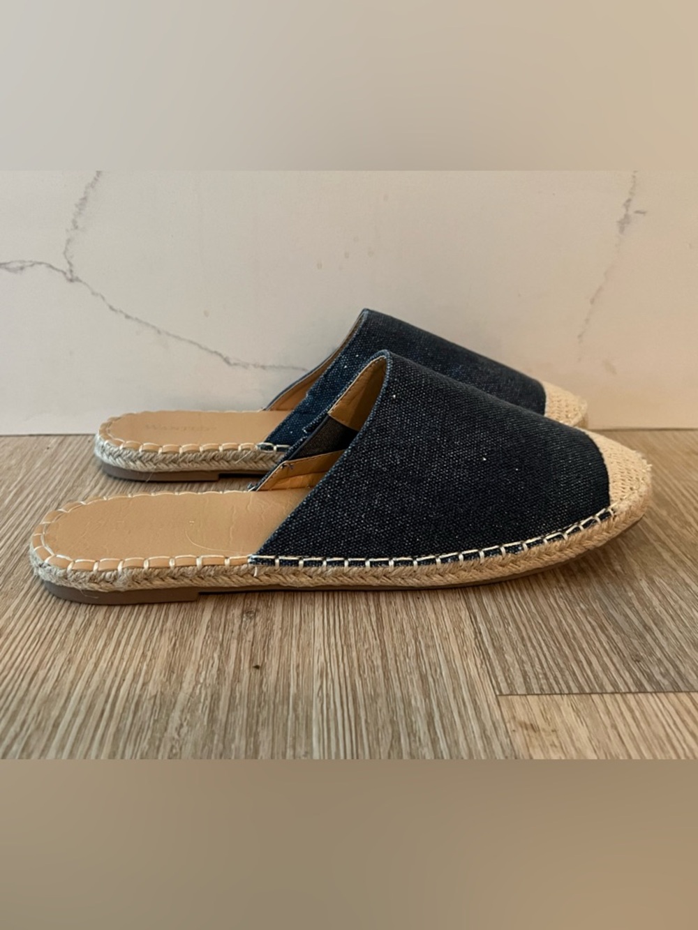 Wanted Navy and Natural Espadrille Slide Sandals